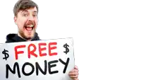 a man holds a sign that says free money