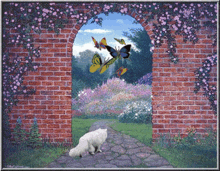 a painting of a cat looking through an archway at butterflies