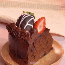a piece of chocolate cake with a strawberry on top is on a wooden plate with mr.cakes written on the bottom