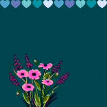 a blue background with hearts and flowers and a sticker that says اللهم صل وسلم