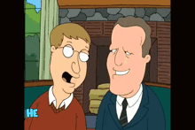 a cartoon of two men standing next to each other with the letters he above them