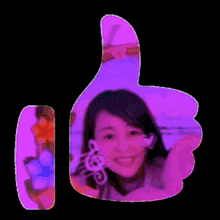 a yellow thumbs up sign with a picture of a smiling woman