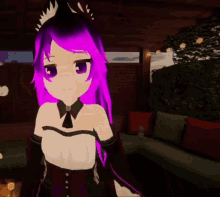 a girl with purple hair and ears is standing in a room with other girls .