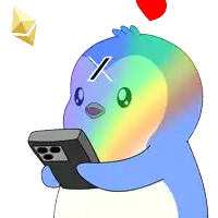 a cartoon penguin with an x on its head holding a phone