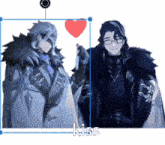 a couple of anime characters are standing next to each other and the word kiss is on the bottom