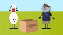 a bowling pin and a man are standing next to a box that says mafia approved surterfuge kit