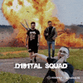 a digital squad poster with a man making a funny face in front of an explosion