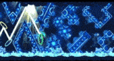 a screenshot of a video game with a lot of triangles and glowing lights