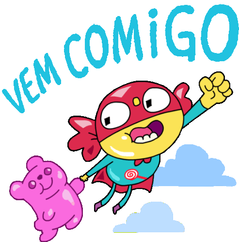 Flying Hero And Gummy Bear Say Vem Comigo In Portuguese Sticker - Sugar Hero Vem Comigo Fly Stickers