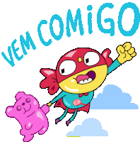 Flying Hero And Gummy Bear Say Vem Comigo In Portuguese Sticker - Sugar Hero Vem Comigo Fly Stickers