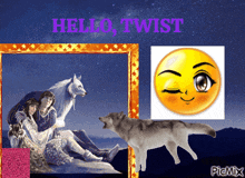 a picture of a man and a woman with a wolf and a smiley face that says hello twist