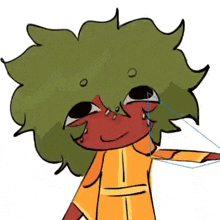 a cartoon character with green hair and a yellow shirt is smiling and crying .
