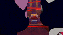 a couple of cartoon characters looking at each other with red lasers behind them