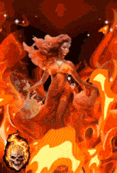 a woman in a red dress is surrounded by flames and a skull