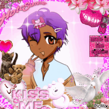 a girl with purple hair is surrounded by stuffed animals and a pink background that says hot summer