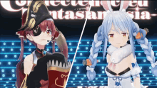 two anime characters are standing next to each other with the word fantasia in the corner