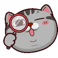 a cat looking through a magnifying glass with its tongue out