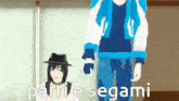a man and a woman are standing next to each other with the words " parrie segami " on the bottom right