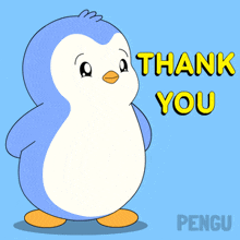 a blue and white penguin says thank you