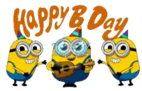 three minions with party hats are standing in front of a sign that says happy b day