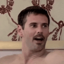 a shirtless man with a mustache is sitting in a bathtub .