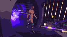 a man without a shirt is standing in a dark room with purple lights