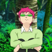 a cartoon character with pink hair and green glasses stands with his arms crossed