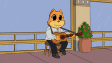 a cartoon cat is playing a guitar on a balcony