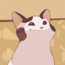 a cartoon cat with brown spots is smiling at the camera