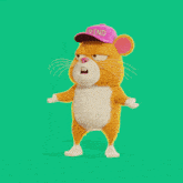 a cartoon hamster is holding a bottle in its mouth on a green background