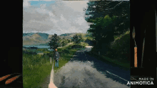 a painting of a person walking down a road with the words made in animotica below it