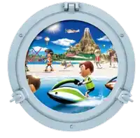 a man is riding a jet ski on a beach in a round window .