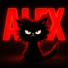a black cat is sitting in front of a red alex logo