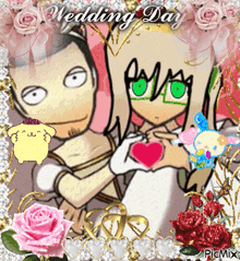 a cartoon of a bride and groom holding a heart with the words wedding day above them