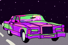 a drawing of a purple car with a man in the driver 's seat