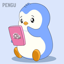 a penguin holding a pink box that says another one on it