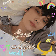 a picture of a boy laying in bed with the words good night wow written on it