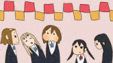 a group of girls are standing next to each other with a checkered pattern in the background