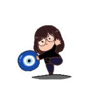 a cartoon drawing of a blue evil eye with a small person in the middle