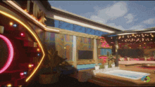 a colorful room with a hot tub and a neon sign that says ' lm ' on it