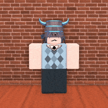 a cartoon character with horns on his head is standing in front of a red brick wall