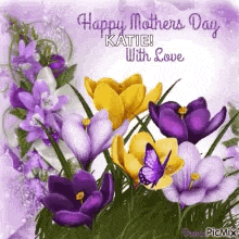 a happy mother 's day card with purple and yellow flowers and a butterfly .