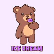a teddy bear is eating an ice cream cone with the words ice cream below it