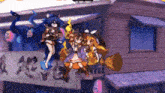 a group of anime characters are standing in front of a building with a sign that says time