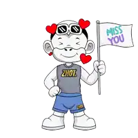 a cartoon character holding a miss you flag