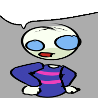 a cartoon character with a speech bubble and a blue shirt