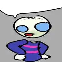 a cartoon character with a speech bubble and a blue shirt