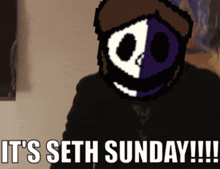 a pixel art of a man with the words " it 's seth sunday "