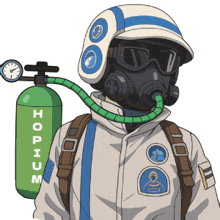 a cartoon drawing of a man wearing a gas mask and a helmet with a green cylinder that says hobium