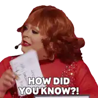 a woman in a red dress is holding a piece of paper that says " how did you know "